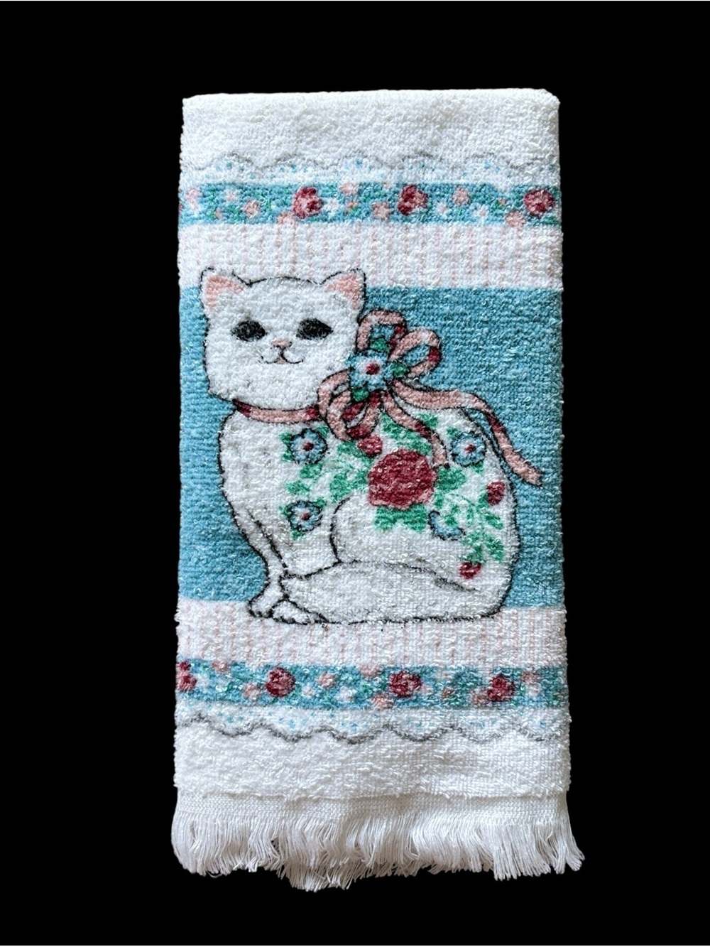 Vintage Cannon Kitty Cat Kitchen Towel Dish Towel Blue White Floral 16 ×24 Cozy